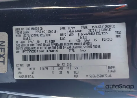 2019 Ford F-250 Xlt из США, поврежденный, VIN 1FT7W2BT6KED76014